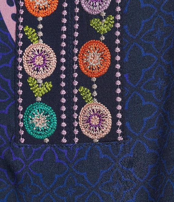 John Mark Floral Embroidered Woven Point Collar 3/4 Cuff Sleeve Popover Top Product Image