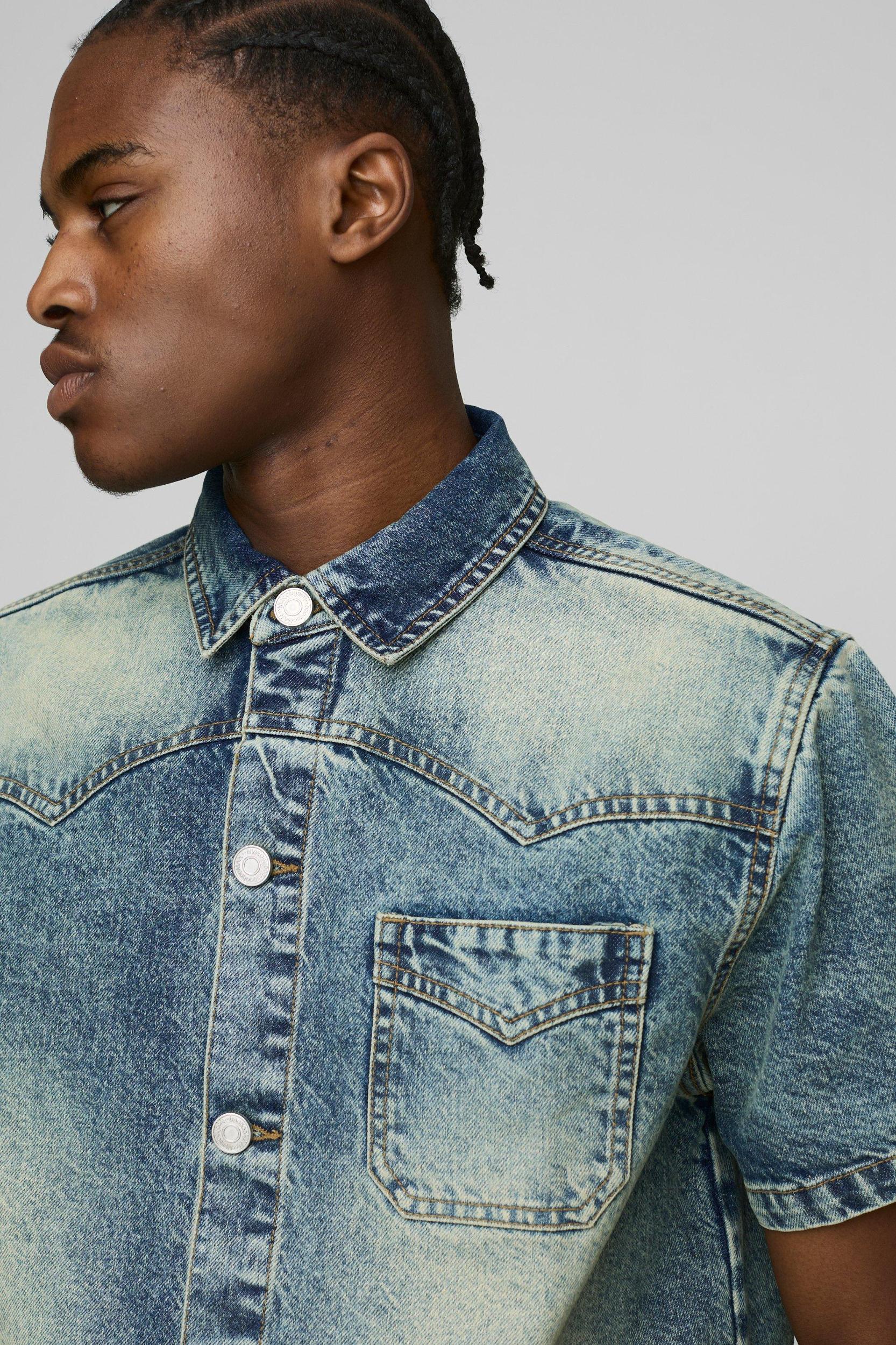 Boxy Washed Denim Shirt | boohooMAN USA Product Image