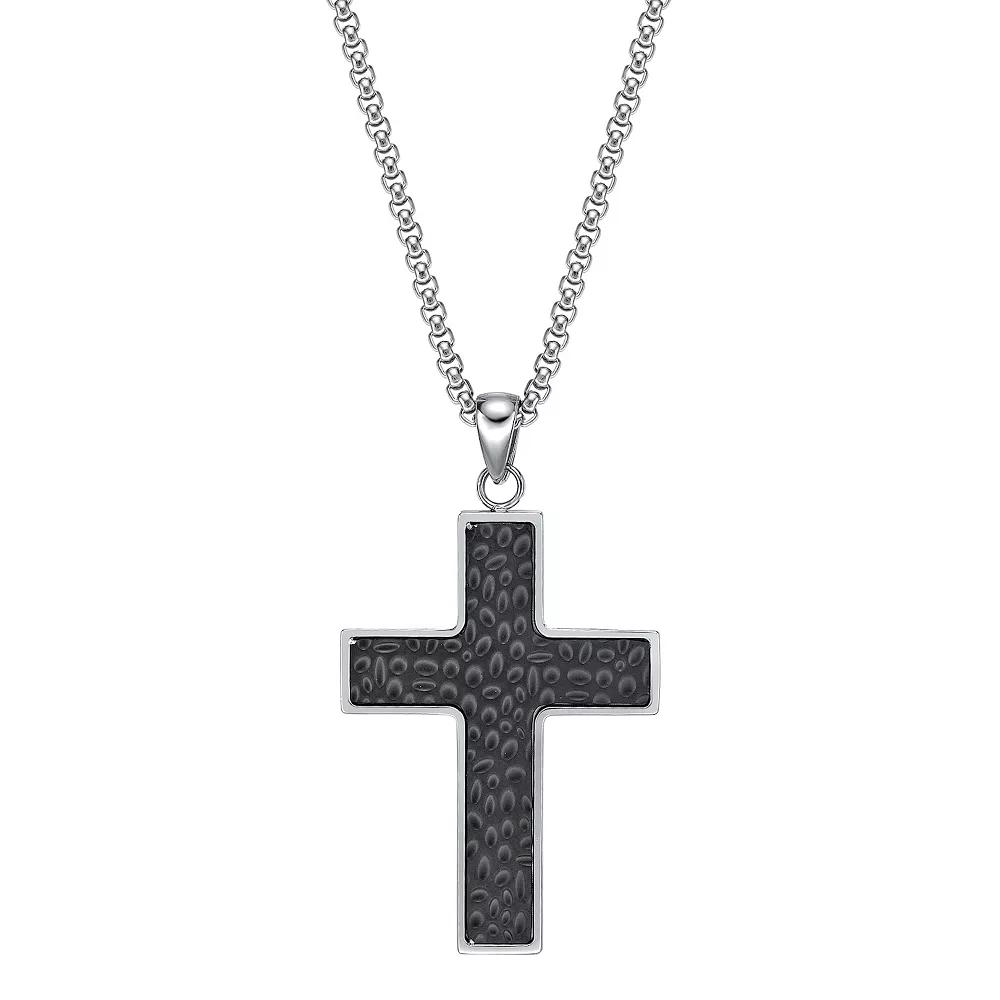 LYNX Men's Stainless Steel Hammered Cross Pendant Necklace, Size: 24", Black Product Image