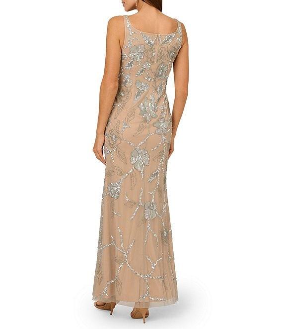 Adrianna Papell Square Neck Floral Beaded Mesh Column Gown Product Image