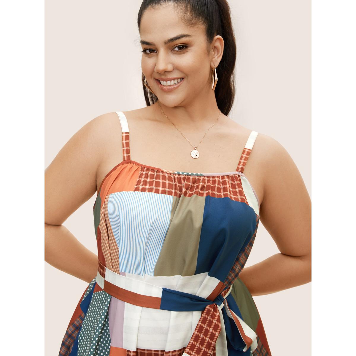 Plus Size Colorblock Contrast Belted Midi Cami Dress Multicolor Women Casual Gathered Non Sleeveless Curvy BloomChic 18-20/2X Product Image