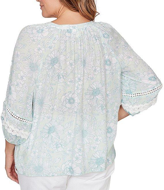 Ruby Rd. Plus Size Silky Gauze Floral Split V-Neck 3/4 Sleeve Button-Front Blouse Product Image