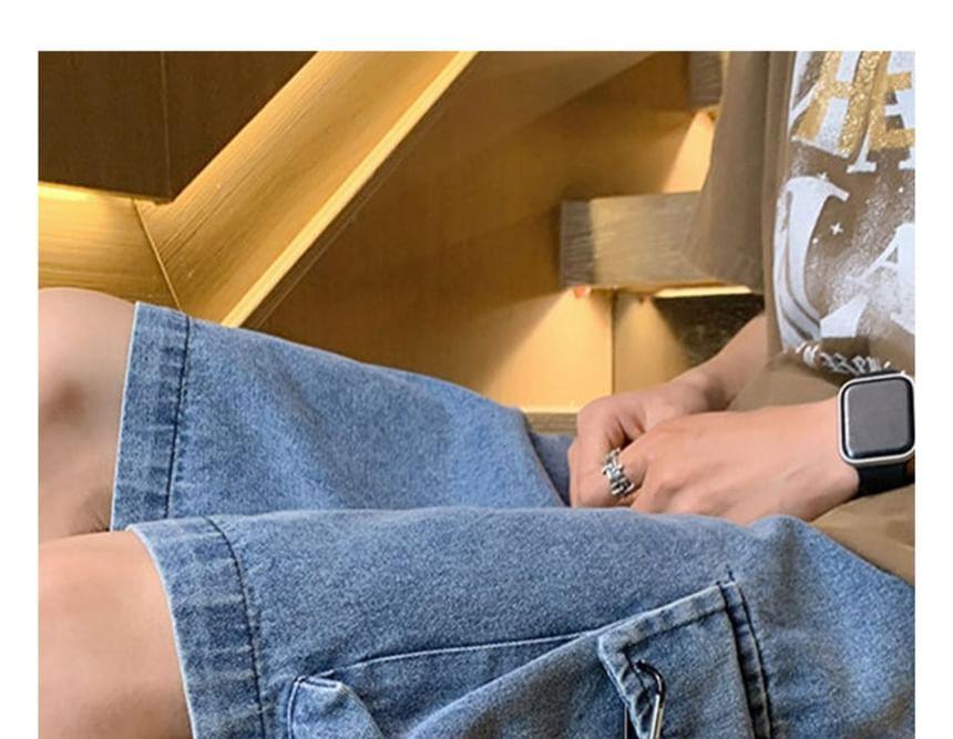 Drawstring Waist Washed Denim Wide Leg Cargo Shorts Product Image