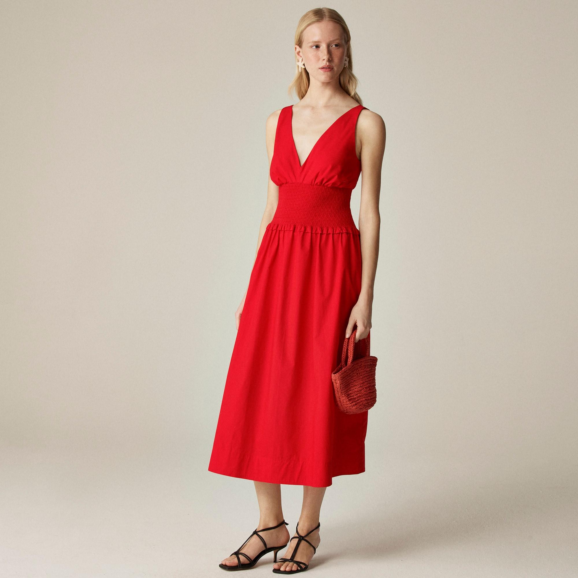 Plunge smocked-waist dress in cotton poplin Product Image