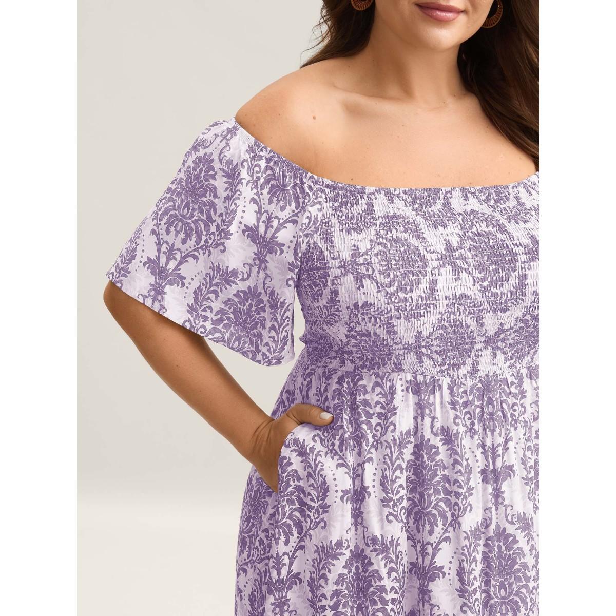 Plus Size Bandana Print Shirred Off Shoulder Dress Lavender Women Resort Non One-shoulder neck Short sleeve Curvy Midi Dress BloomChic 26/4X Product Image