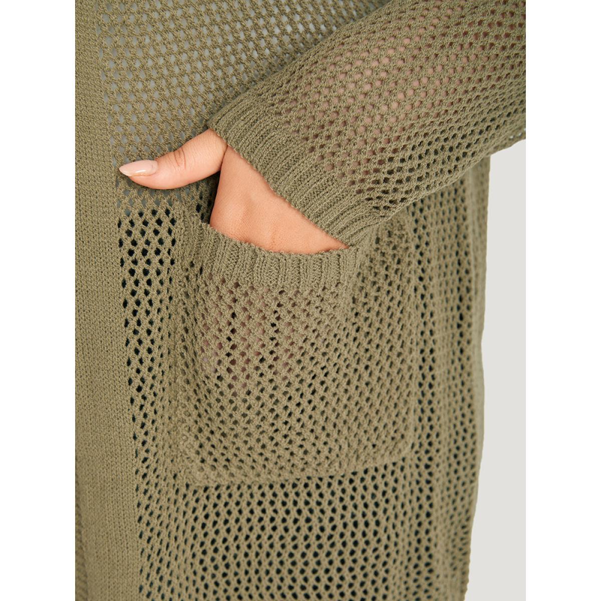 Plus Size Solid Patched Pocket Open Front Patchwork Cardigan Olive Women Casual Loose Long Sleeve Everyday Cardigans BloomChic 10/M Product Image