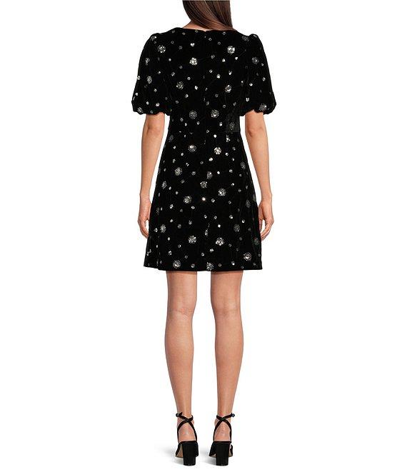 Eliza J Velvet Applique V-Neck Short Puff Sleeve Side Pocket Mini Dress Product Image