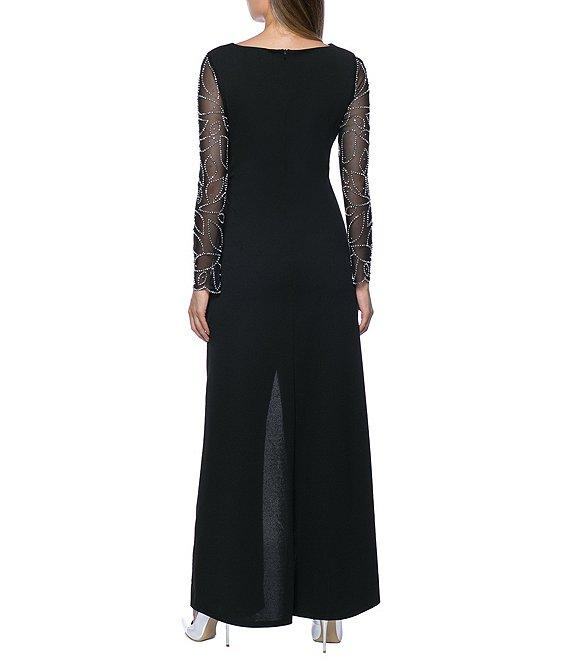 Marina Stretch Crepe Long Beaded Sleeve Round Neck Walk Thru Jumpsuit Product Image
