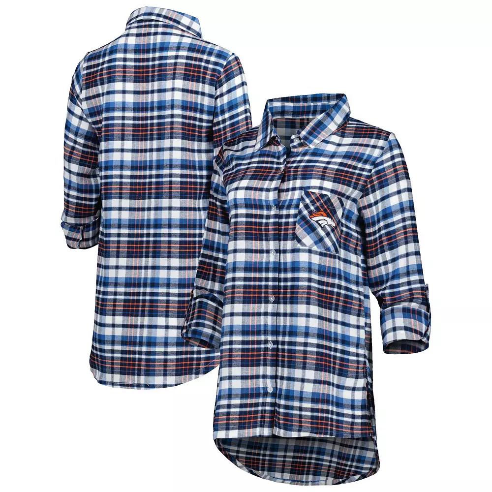 Women's Concepts Sport Navy Denver Broncos Mainstay Plaid Full-Button Long Sleeve Nightshirt, Size: XL, Blue Product Image