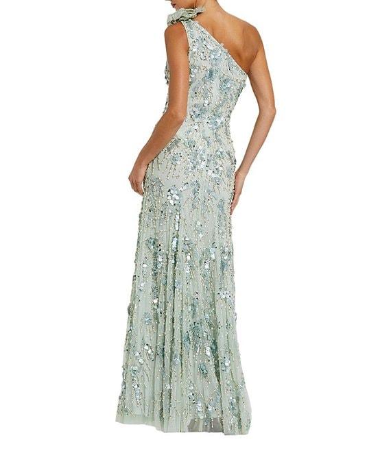 Mac Duggal Embellished Mesh One Shoulder Neck Sleeve 3D Flower Detail Gown Product Image