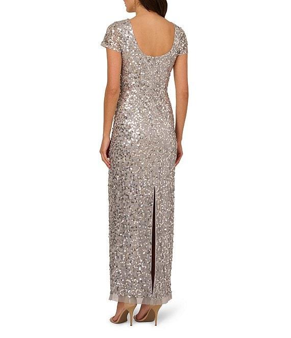 Adrianna Papell Crew Neck Short Sleeve Beaded Sequin Mesh Column Gown Product Image