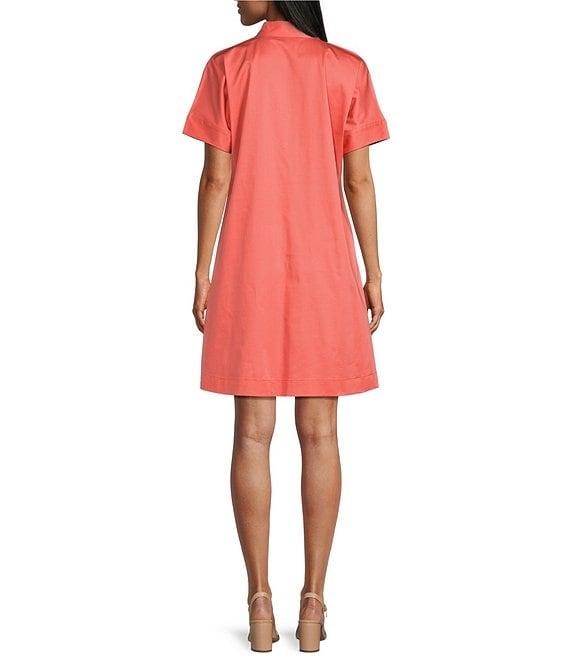 Ming Wang Floral Printed Stretch Cotton V-Neck Short Sleeve A-Line Dress Product Image