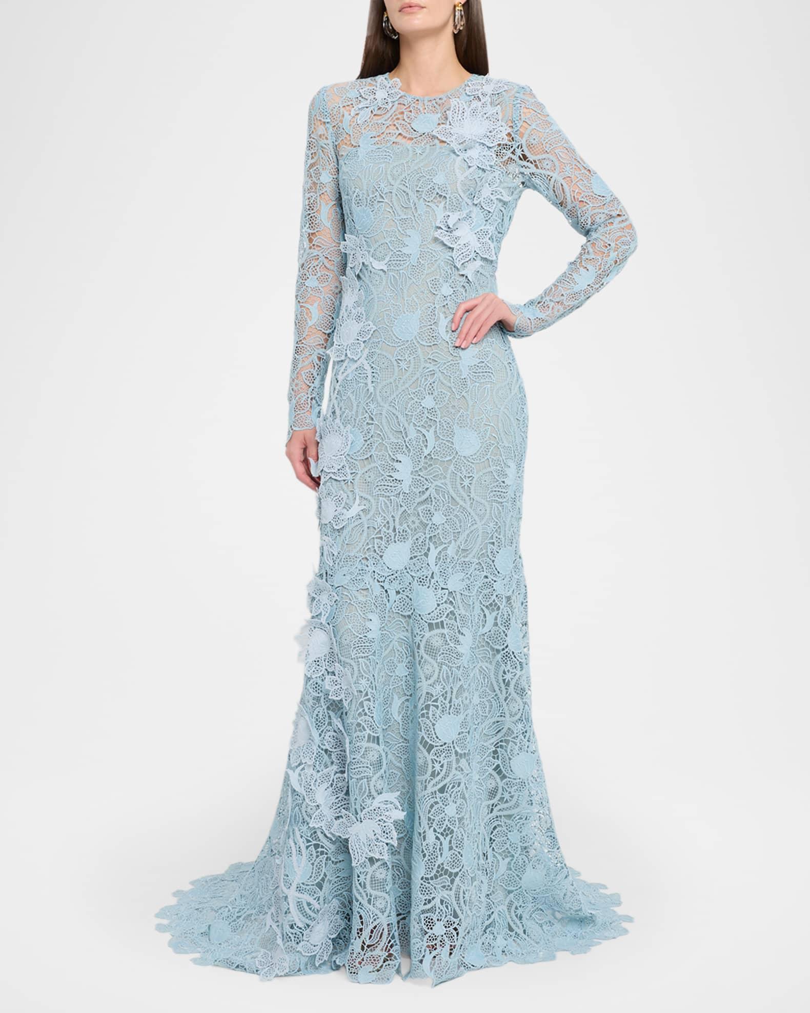 Long-Sleeve Corded Botanical Guipure Gown Product Image