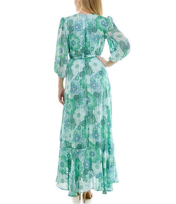 Moda Tara 3/4 Sleeve V-Neck Floral Print Chiffon Wrap Maxi Dress Product Image