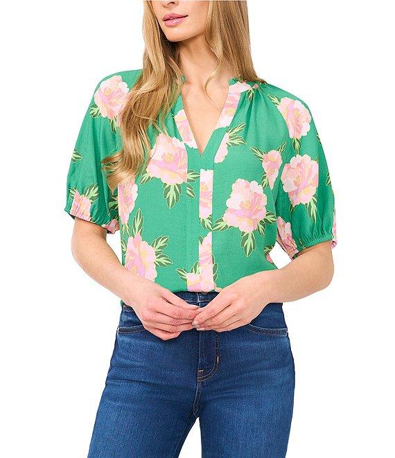 CeCe Woven Floral Print Round Neck Short Puff Sleeve Blouse Product Image