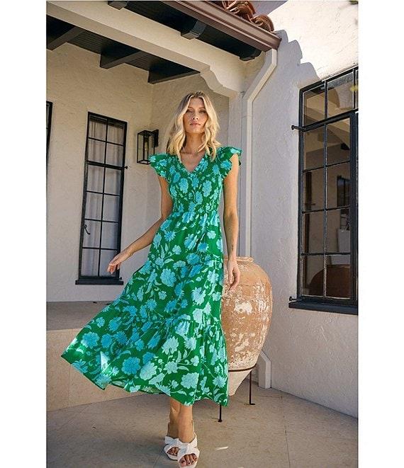 Sugarlips Floral Sunfire Print Smocked V-Neck Sleeveless Tiered A-Line Midi Dress Product Image