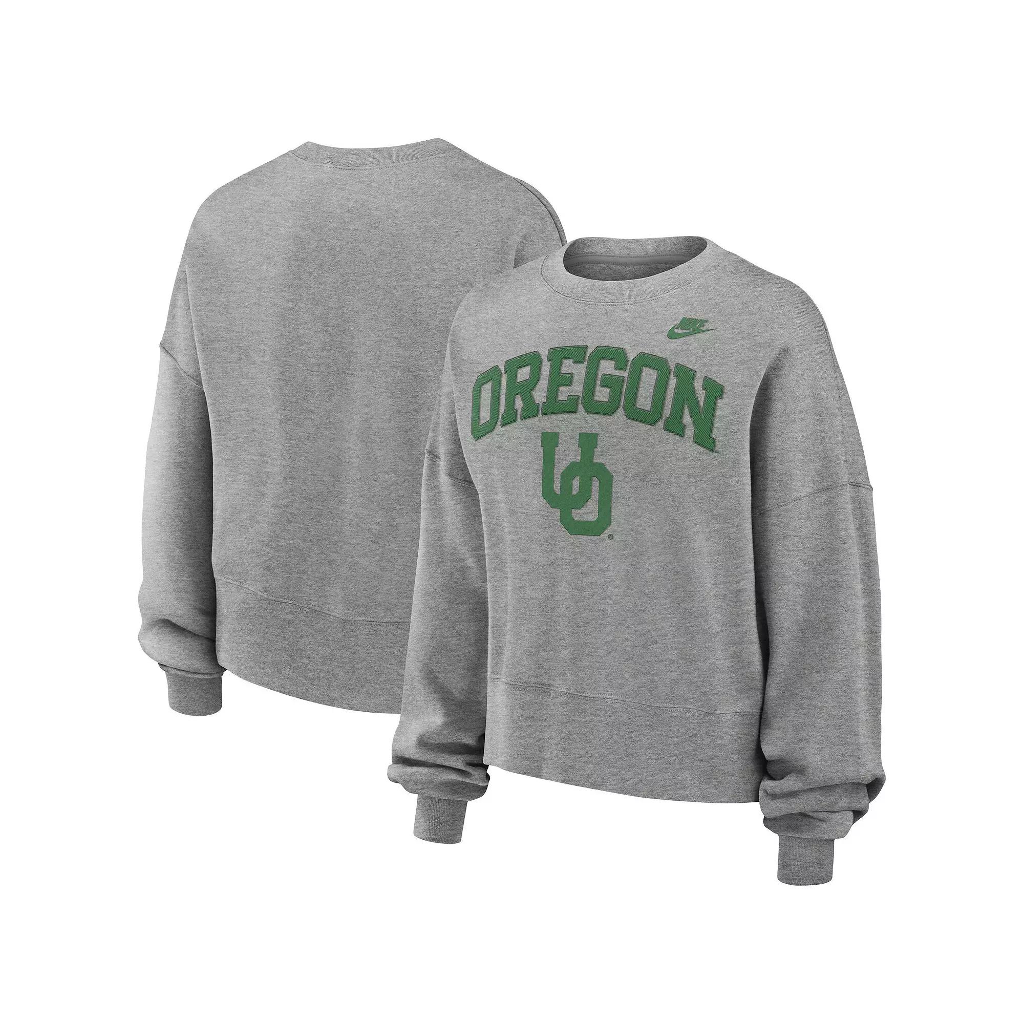 Women's Nike Heather Gray Oregon Ducks Legacy Fleece Classic Arch Oversized Cropped Tackle Twill Sweatshirt, Size: Large, Grey Product Image