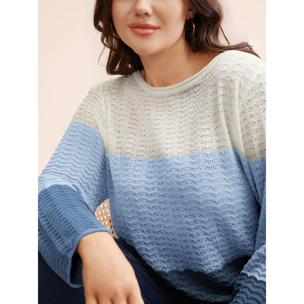 Plus Size Color Contrast Boat Neck Lightweight Pullover Skyblue Women Casual Loose Long Sleeve Boat Neck Everyday Pullovers BloomChic 10/M Product Image