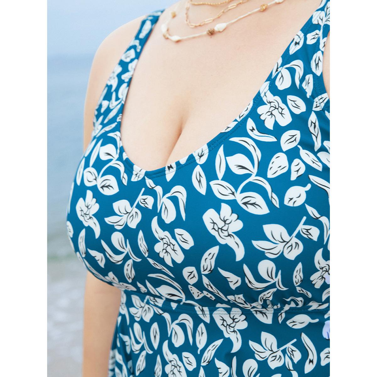 Plus Size Plant Print Asymmetrical Hem Adjustable Straps Tankini Top Women's Swimwear Cerulean Vacation Adjustable Straps High stretch Bodycon V-neck Curve Swim Tops BloomChic 10/M Product Image