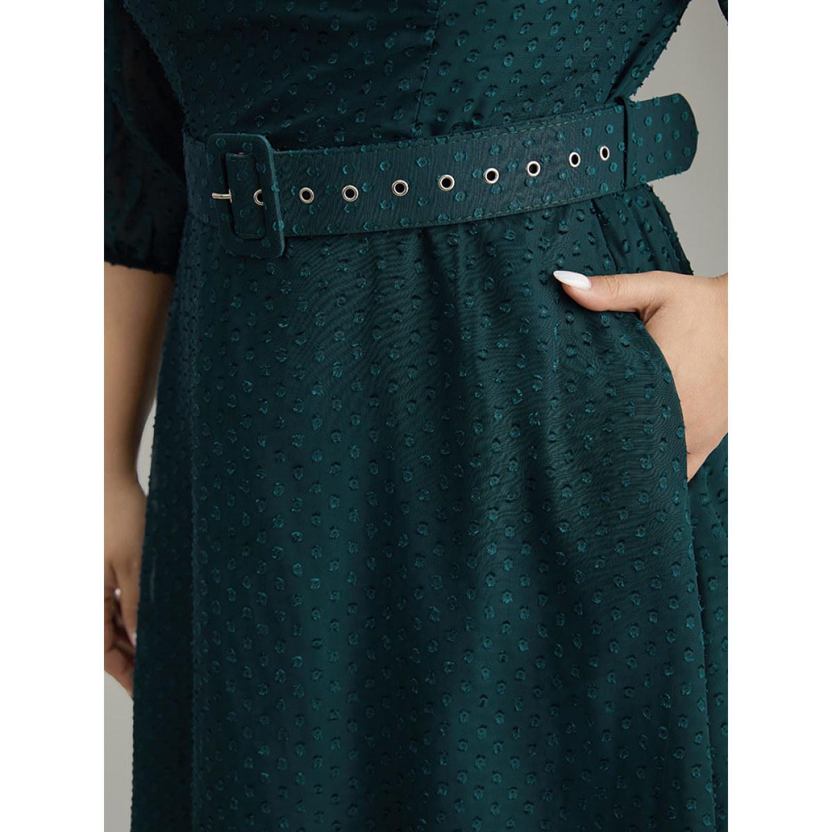 Plus Size Solid Texture Pocket Belted Mesh Patchwork Dress Aegean Women Glamour Elastic cuffs V-neck Elbow-length sleeve Curvy Midi Dress BloomChic 18-20/2X Product Image
