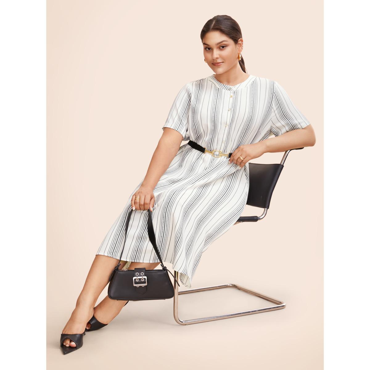 Plus Size Round Neck Striped Button Up Midi Dress WhiteSmoke Women At the Office Button Round Neck Short sleeve Curvy BloomChic 14-16/1X Product Image