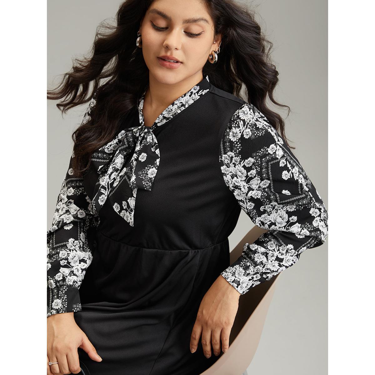 Plus Size Geo Graphic Knot Neck Patchwork Elastic Waist Dress Black Women Office Gathered Tie Neck Long Sleeve Curvy Midi Dress BloomChic 10/M Product Image