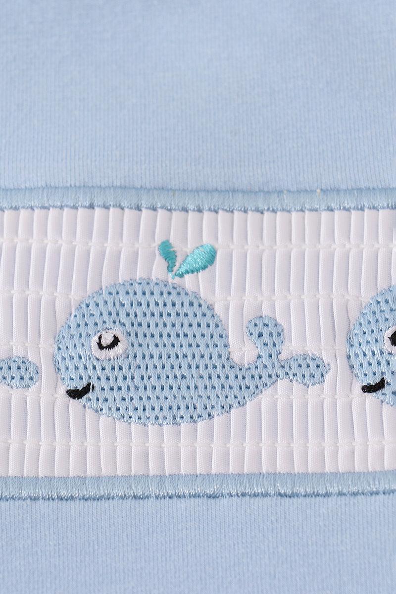 Blue whale embroidery smocked shorts set Product Image