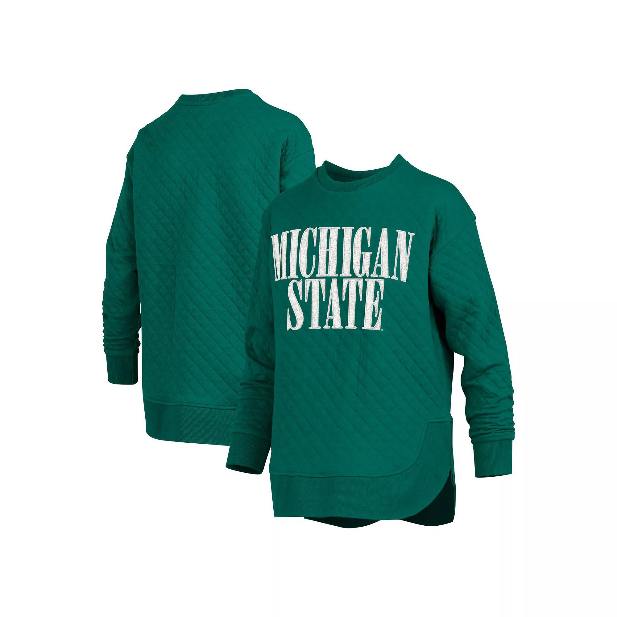Women's Pressbox Green Michigan State Spartans Quilted Long Sleeve Pullover Sweatshirt, Size: Small Product Image