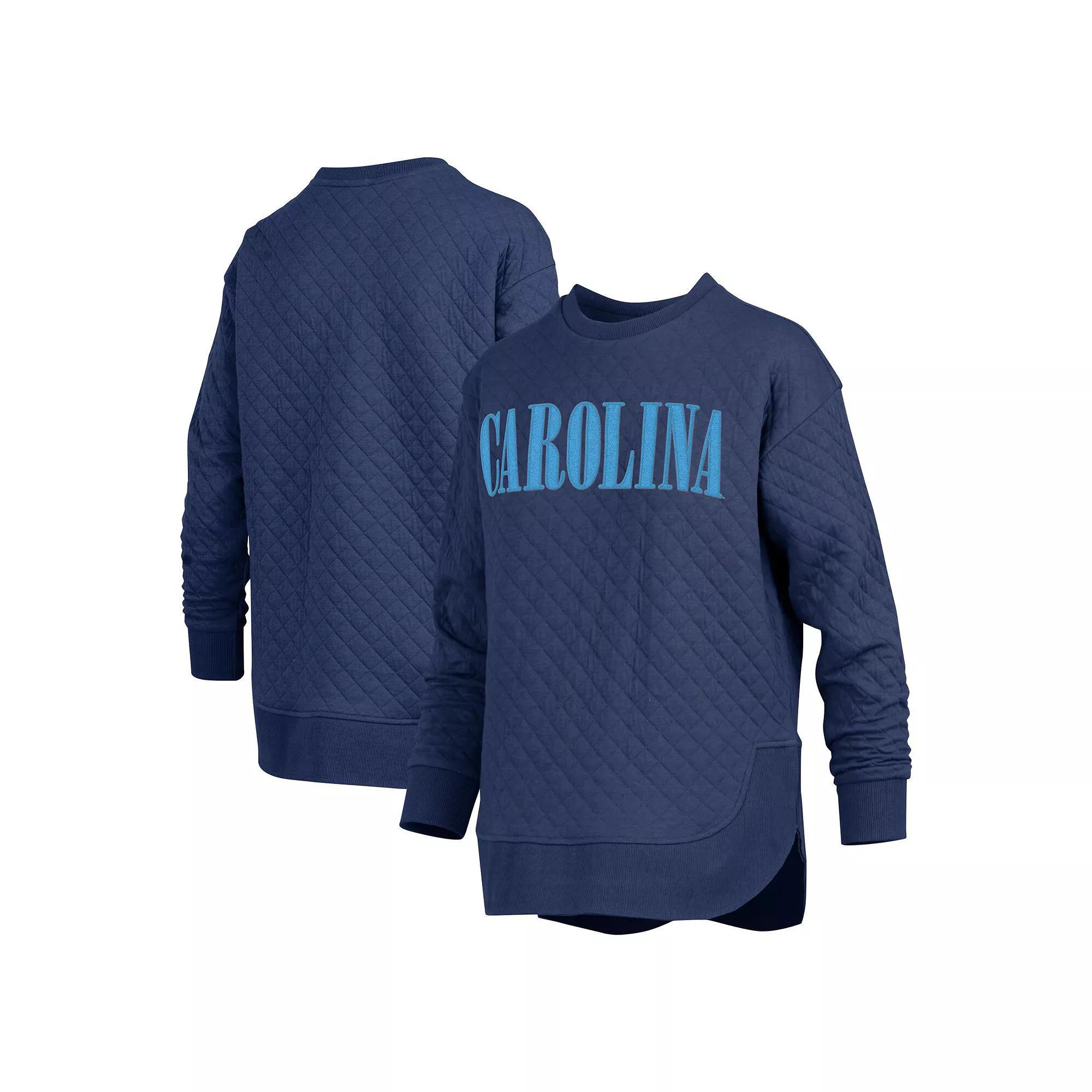 Women's Pressbox Navy North Carolina Tar Heels Quilted Long Sleeve Pullover Sweatshirt,  Product Image