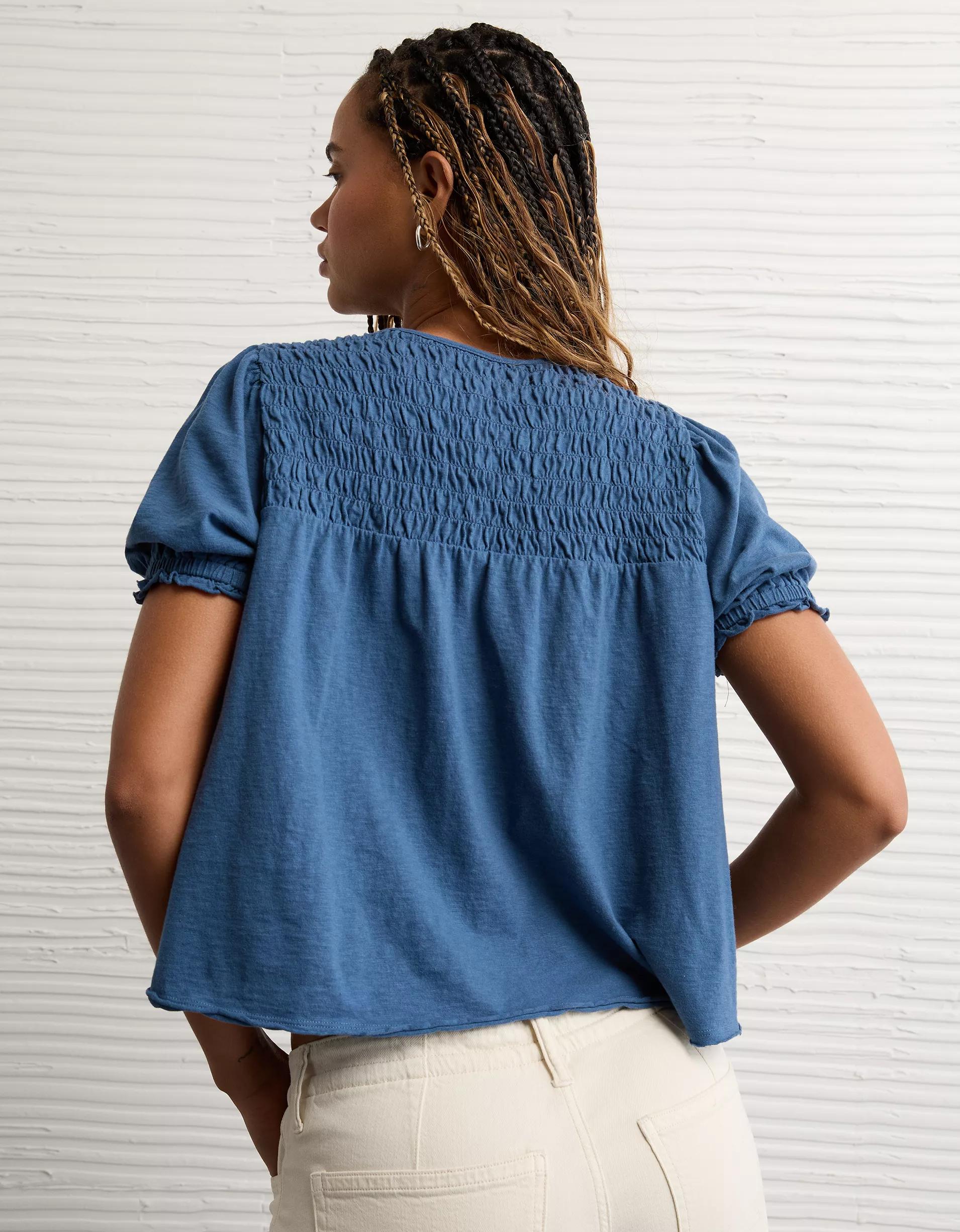 AE Sunchaser High Neck Puff Sleeve Smocked T-Shirt Product Image