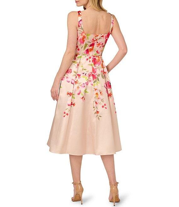 Adrianna Papell Square Neck Sleeveless Floral Print Mikado Midi Dress Product Image