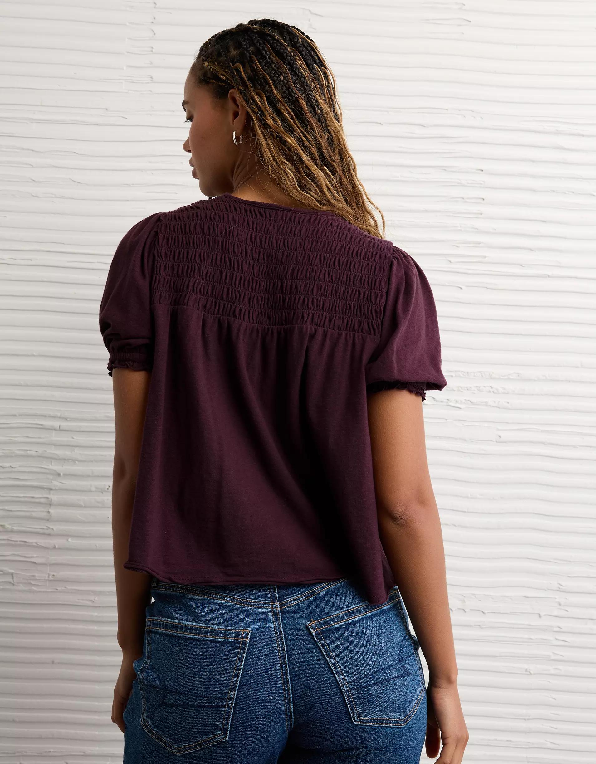 AE Sunchaser High Neck Puff Sleeve Smocked T-Shirt Product Image