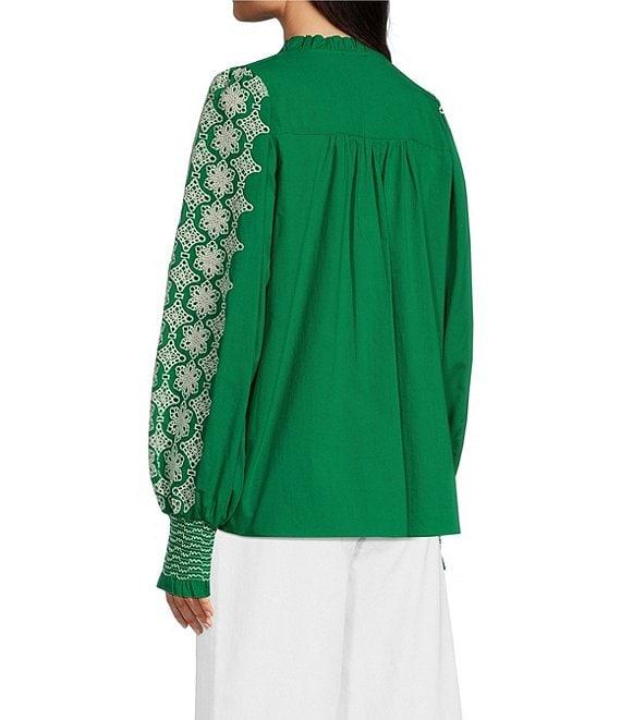 Gibson & Latimer Woven Embroidered Floral Ruffled Slit Round Button Front Neck Long Blouson Sleeve Hi-Low Shirttail Blouse Product Image