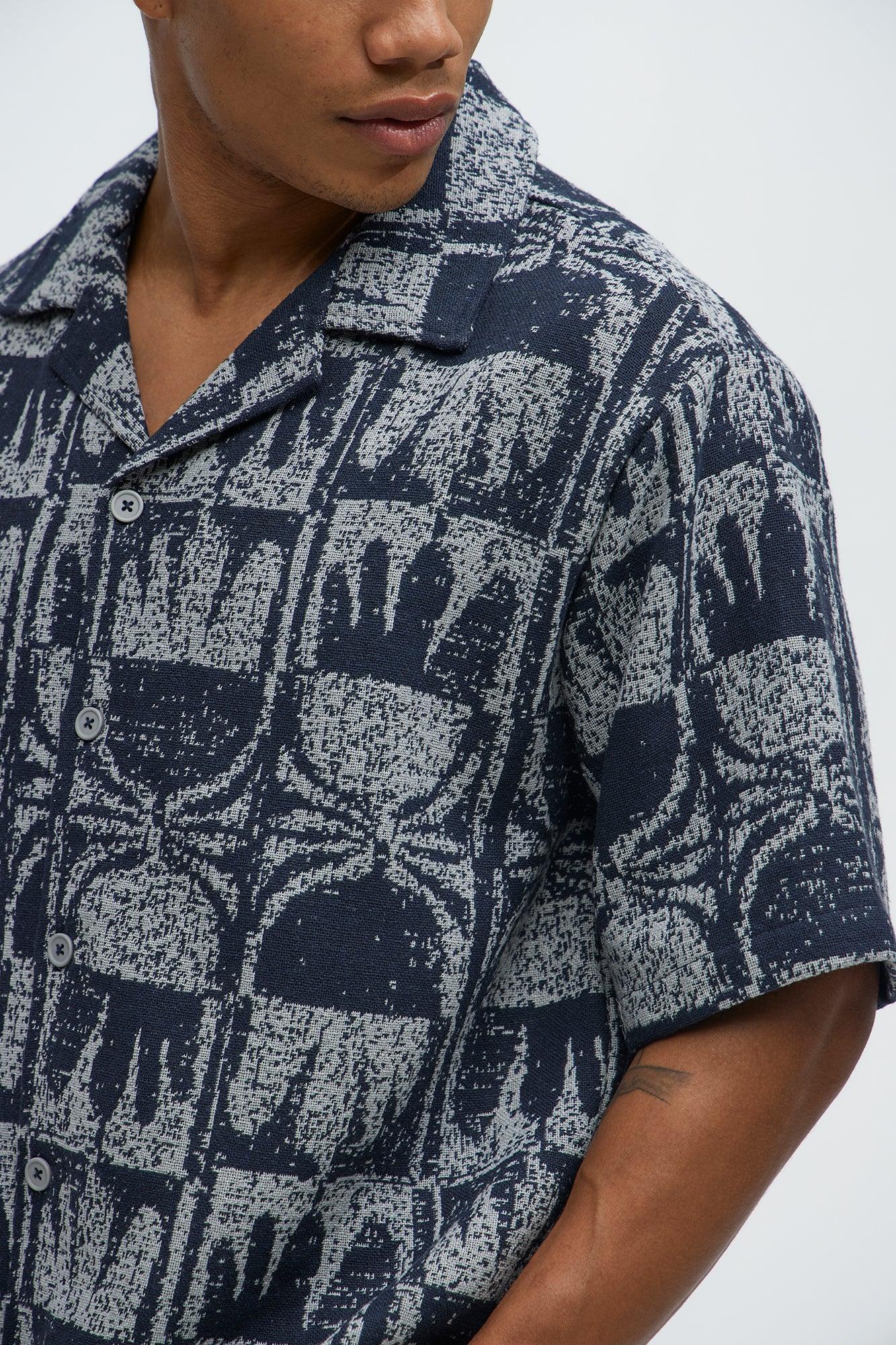 Tribal Pattern Cuban Button Down Shirt - Navy/combo Product Image