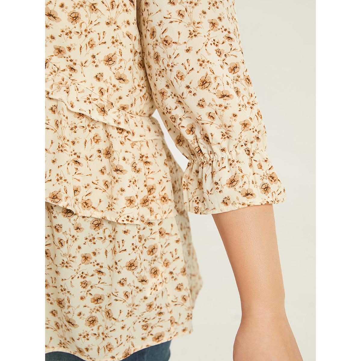 Plus Size Apricot Ditsy Floral Tiered Ruffles Gathered Blouse Women Elegant Elbow-length sleeve V-neck Dailywear Blouses BloomChic 12/L Product Image