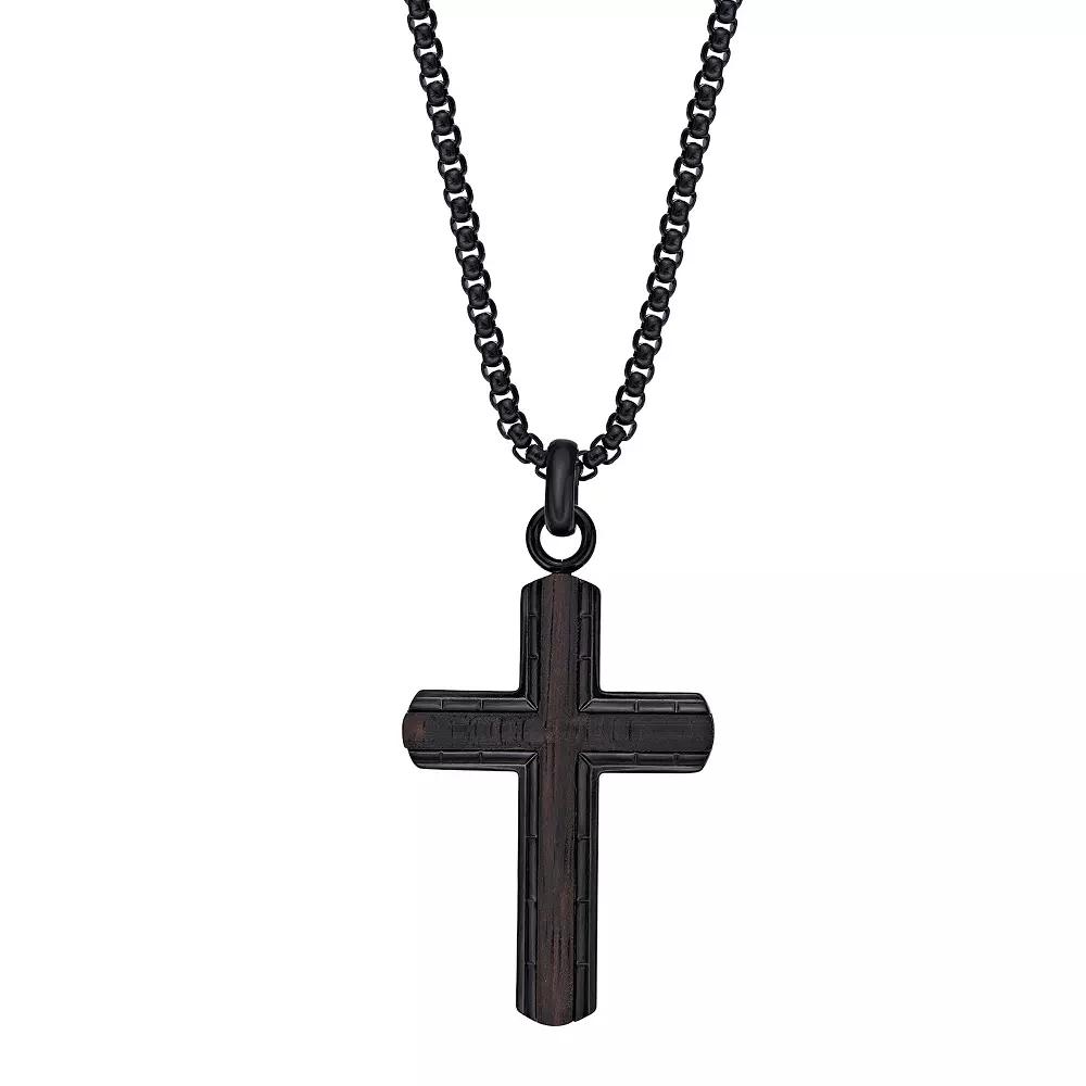 Mens LYNX Black Ion Plated Stainless Steel & Ebony Wood Cross Pendant Necklace Product Image