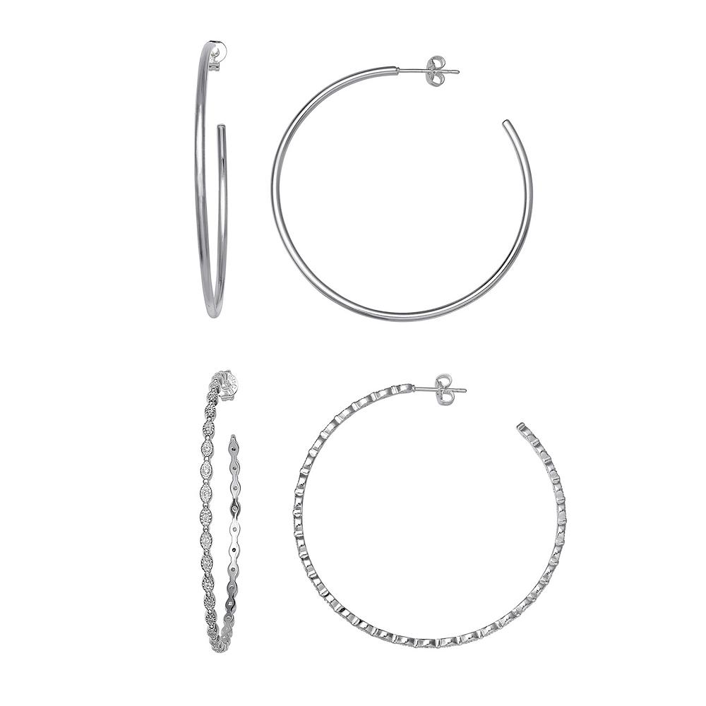 Aurielle Silver Plated 50 mm Polished & Cubic Zirconia Beaded C-Hoop Earring Set, Women's, Silver Tone Product Image