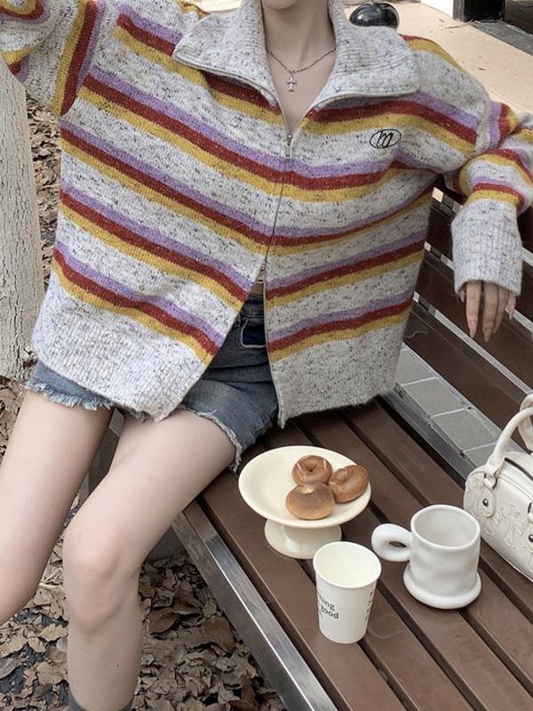 Striped Double Zip Lapel Neck Knit Cardigan Product Image