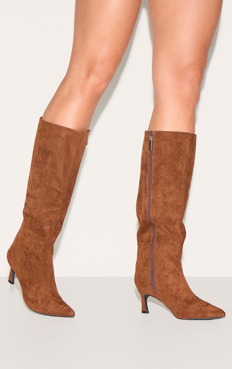 Chocolate Faux Suede Point Toe Mid Heeled Knee High Boots Product Image