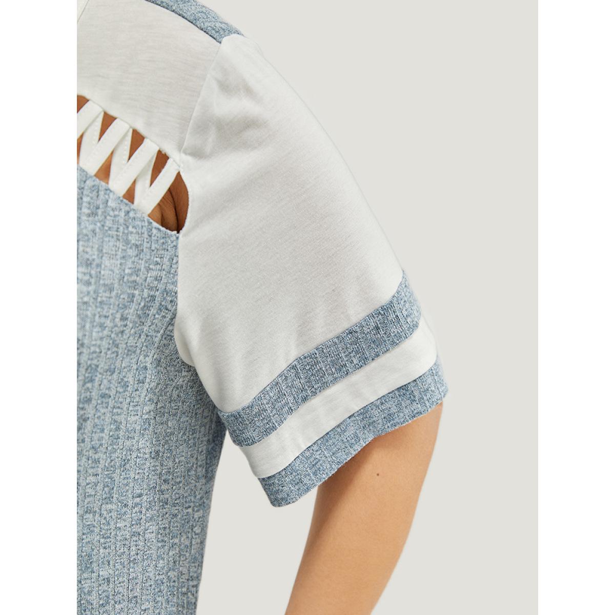 Plus Size Colorblock Contrast Pocket Crisscross Detail Rib Knit Dress Stone Women Casual Contrast Round Neck Short sleeve Curvy Midi Dress BloomChic 30/6X Product Image