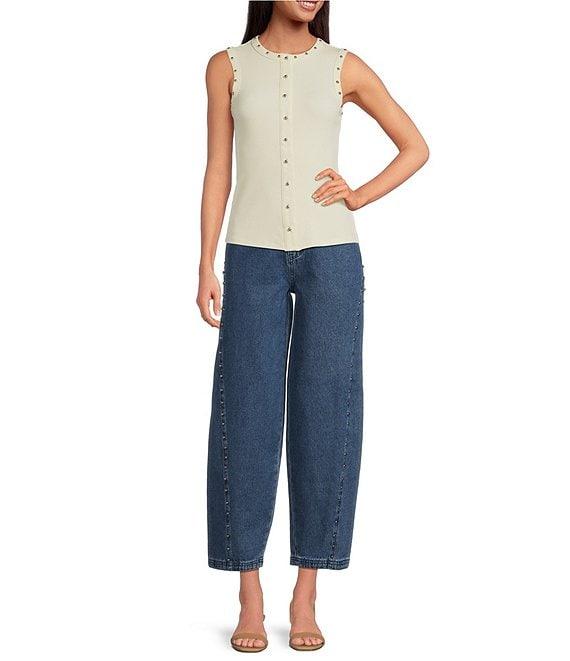 Never Fully Dressed Ribbed Knit Crew Neck Sleeveless Studded Button Front Tank Product Image