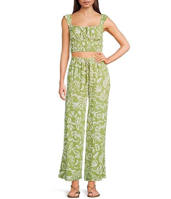 Blu Pepper Coordinating Linen Blend Floral Print High Waisted Wide Leg Pull-On Pants Product Image