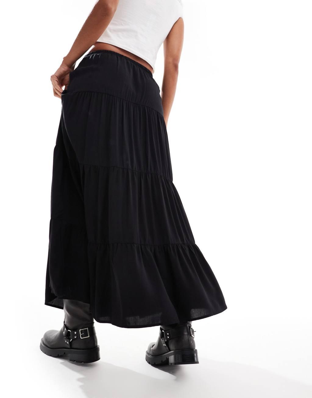 Bershka tiered maxi skirt in black Product Image