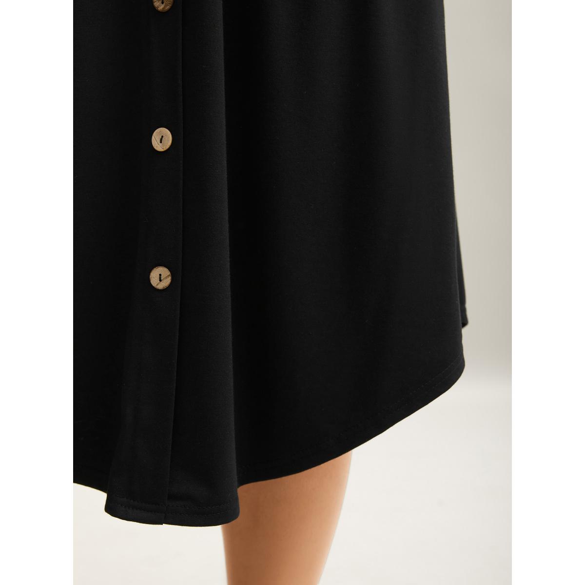 Plus Size Button Detail Hi-Low Hem Midi Skirt Women Black Elegant Bodycon Low stretch Side seam pocket Everyday Skirts BloomChic 26/4X Product Image