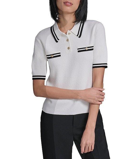 KARL LAGERFELD PARIS Knit Point Collar Short Sleeve Polo Top Product Image