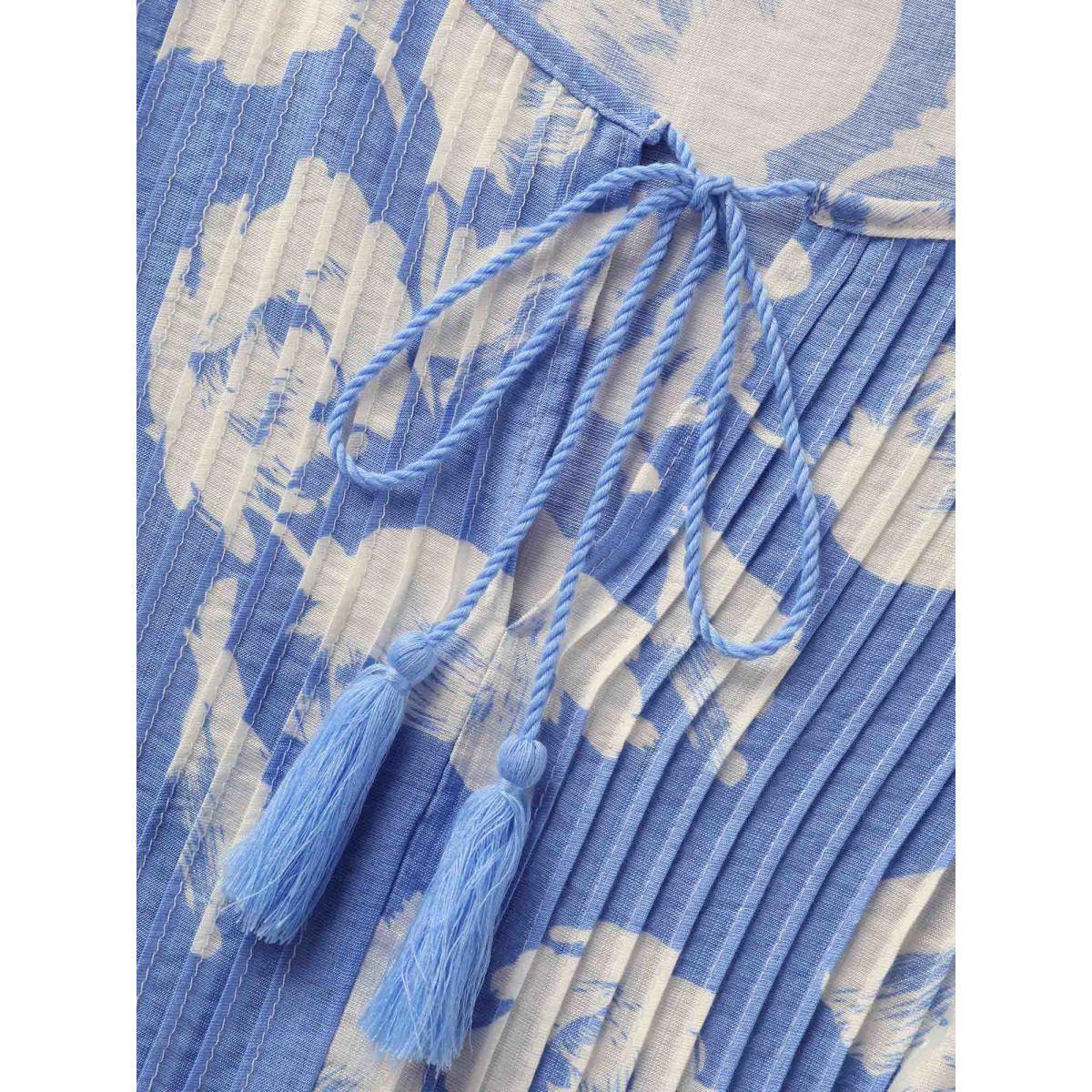 Plus Size LightBlue Floral Pleated Tassel Trim Lantern Sleeve Blouse Women Elegant Elbow-length sleeve V-neck Everyday Blouses BloomChic 18-20/2X Product Image