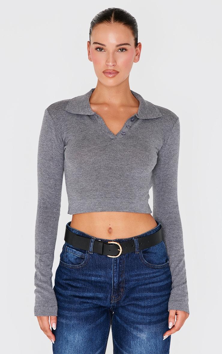 Charcoal Soft Knit Button Up Polo Top Product Image