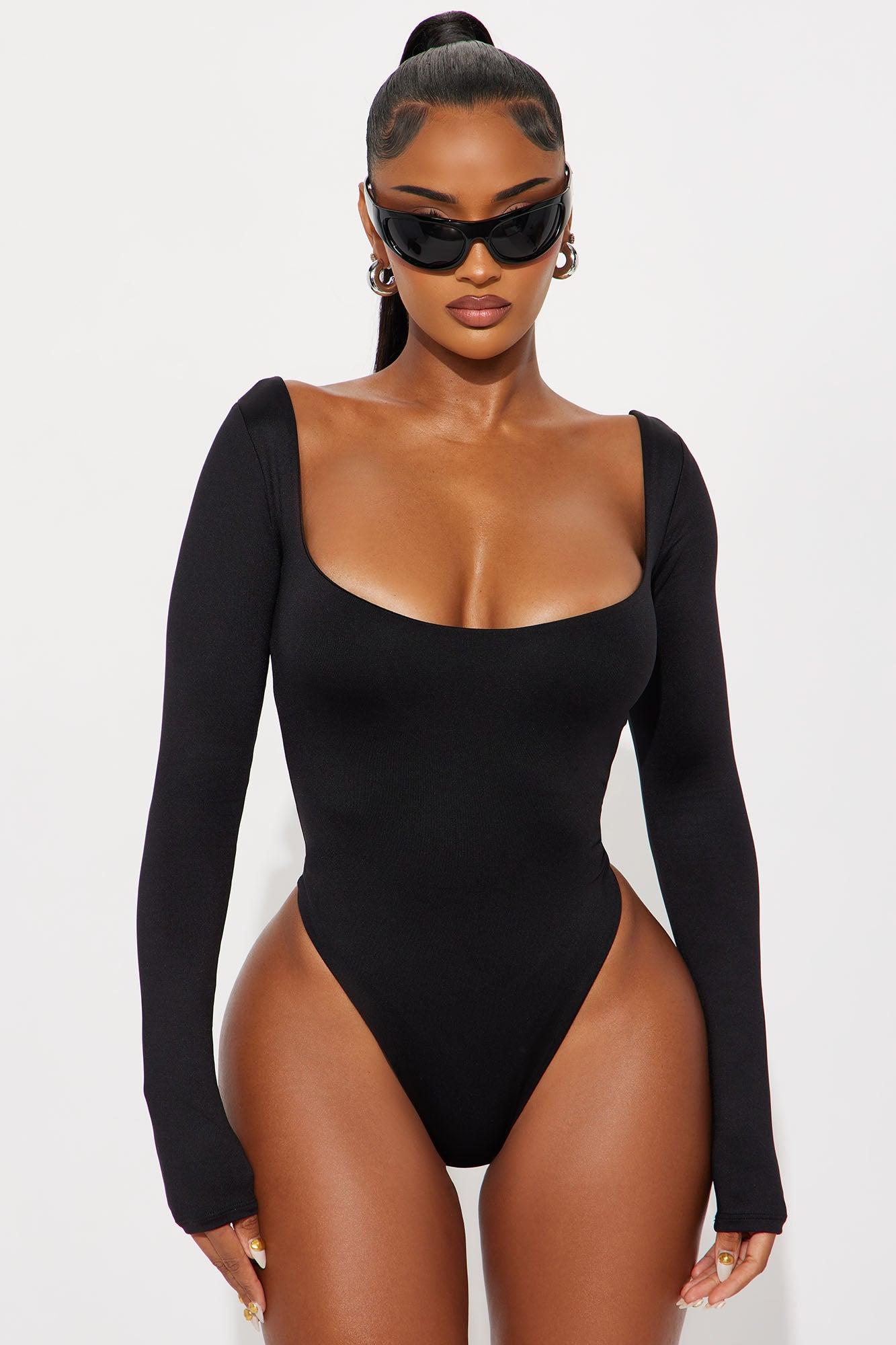 Contour Double Lined Long Sleeve Wide Scoop Neck Bodysuit - Black Female Product Image
