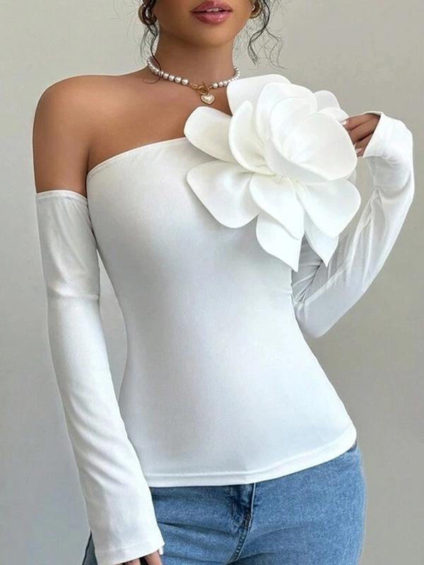 Long Sleeves Skinny Solid Color Three-Dimensional Flower One-Shoulder T-Shirts Tops Product Image