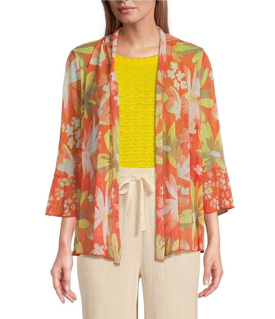 Multiples Onionskin Melon Print Shawl Neck 3/4 Flounce Sleeve Open-Front Jacket Product Image